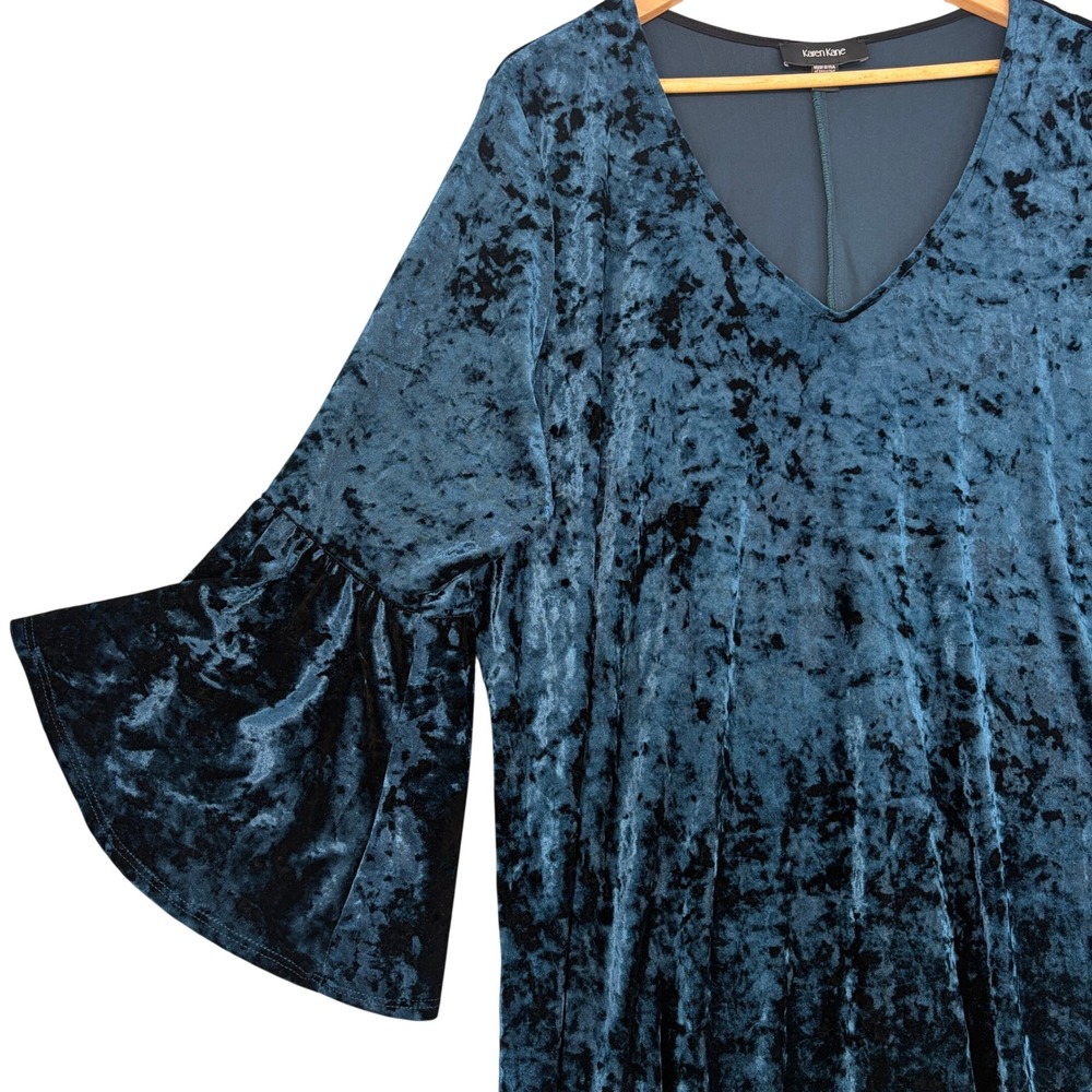 Karen Kane Teal Blue Crushed Velvet Bell Sleeve V-Neck Dress Plus Size 3X